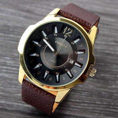 ***Luxury Curren ( MODEL: 8123 )   Mens Leather Golden Quartz Calendar Analog Dial Wrist Watch B92U