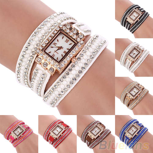 --*****WOMEN SQUARE FAUX PEARLS RHINESTONE RED WRAP SUEDE BRACELET WRIST WATCH**