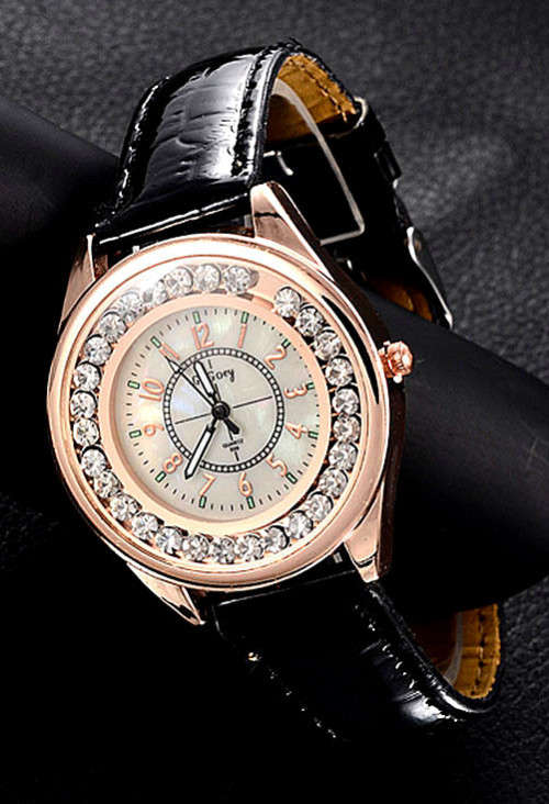 --***LADIES ** CRYSTAL ENCRUSTED ~Gogoey 039 QUARTZ  Watch  -BLACK