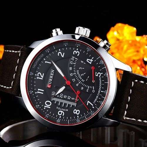 ***  Mens Black Dial  Qartz Watch Faux Leather Band