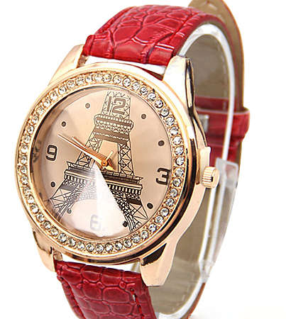 --***Womens Beautiful Crytal Encrusted Eiffel Tower Classic Quartz Wrist Watch !!RED