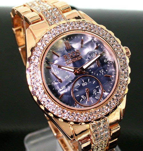 *** RI0S LONDON EXQUISITE  Czech DIAMANTE LADIES BLACK PREMIUM MARBLE FACE ROSE GOLD WATCH
