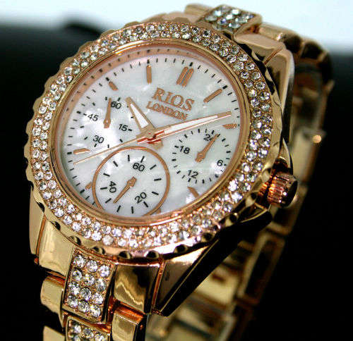 *** RI0S LONDON PREMIUM  Czech DIAMANTE LADIES ROSE GOLD WATCH