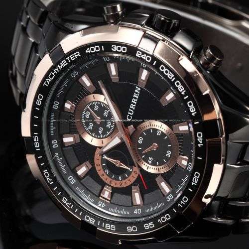 ** CLASSIC -ALL-Steel-Gold Rim -Mens--Analog-Quartz-Watch