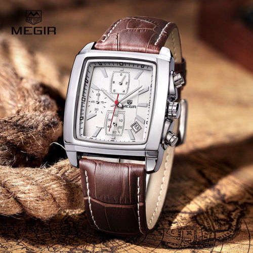 * Megir Brand Top Watch(2028)* Genuine  Leather Men Quartz Wristwatch CHRONOGRAPH*6 Hands*