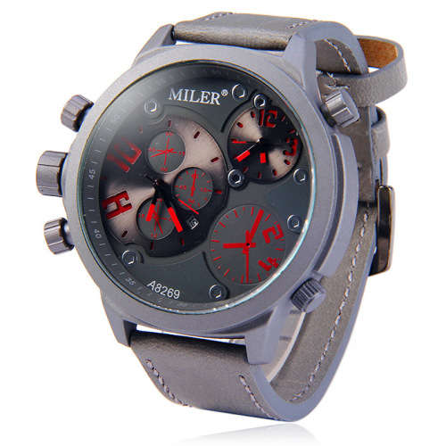 ***Massive Big DiaL Miler A8269 Dual Movt Men Quartz Watch with Date Function Leather Band  -  GREY
