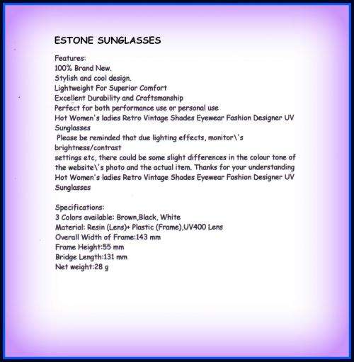 **Hot Women's ladies Retro Vintage ESTONE  Shades Eyewear Fashion Designer UV Sunglasses *