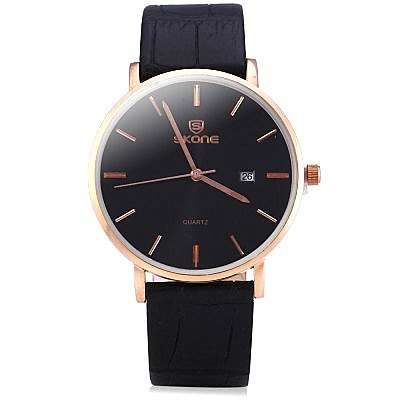 **SKONE BRAND 9400* BIG DIAL*Black Ultrathin  Calendar UNISEX  Quartz Watch with Leather Strap *