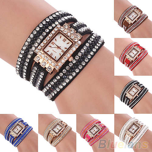 --*****WOMEN SQUARE FAUX PEARLS RHINESTONE BLACK WRAP SUEDE BRACELET WRIST WATCH**