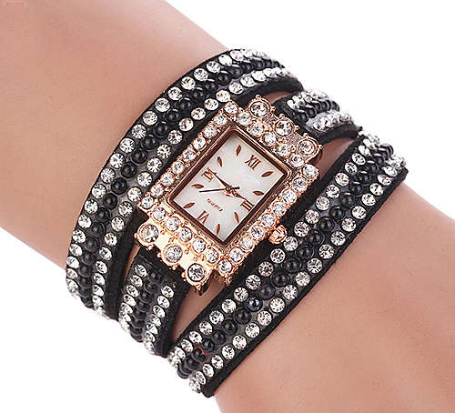 --*****WOMEN SQUARE FAUX PEARLS RHINESTONE BLACK WRAP SUEDE BRACELET WRIST WATCH**