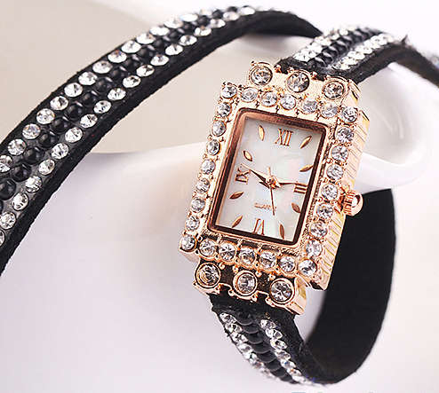 --*****WOMEN SQUARE FAUX PEARLS RHINESTONE BLACK WRAP SUEDE BRACELET WRIST WATCH**