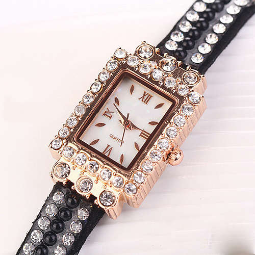 --*****WOMEN SQUARE FAUX PEARLS RHINESTONE BLACK WRAP SUEDE BRACELET WRIST WATCH**