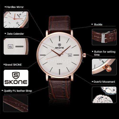 **SKONE BRAND 9400* BIG DIAL* Ultrathin Calendar UNISEX  Quartz Watch with Leather Strap *