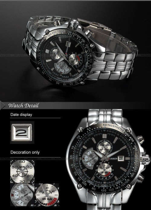 ** CLASSIC -ALL-Steel-Mens-Date-Analog-Quartz-*