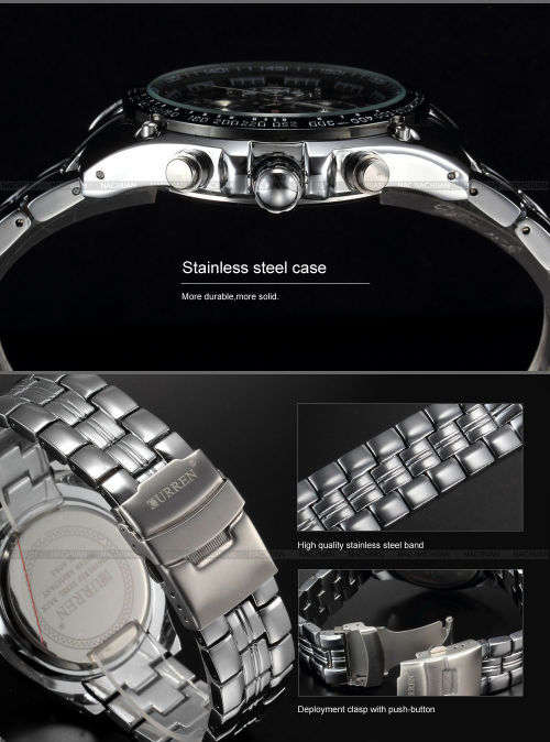 ** CLASSIC -ALL-Steel-Mens-Date-Analog-Quartz-*