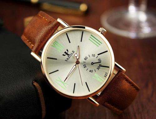 ***Men Mode  Stainless Steel Sports Noctilucent  Quartz Wrist Watch Brown Leather Band