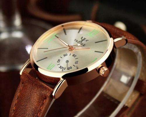 ***Men Mode  Stainless Steel Sports Noctilucent  Quartz Wrist Watch Brown Leather Band