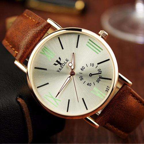 ***Men Mode  Stainless Steel Sports Noctilucent  Quartz Wrist Watch Brown Leather Band