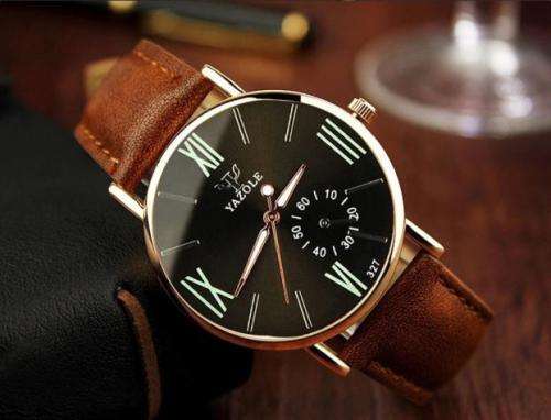 ***Men Mode  Stainless Steel Sports Noctilucent  Quartz Wrist Watch Brown Leather Band