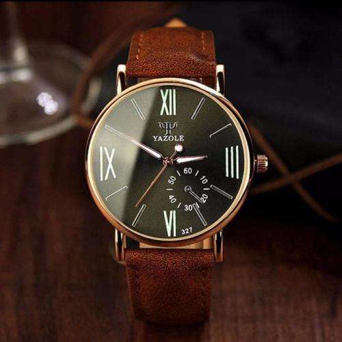 ***Men Mode  Stainless Steel Sports Noctilucent  Quartz Wrist Watch Brown Leather Band