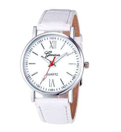 --***LADIES ** PURE WHITE~RED POINTER **GENEVA ~  QUARTZ WATCH** LEATHER  STRAP