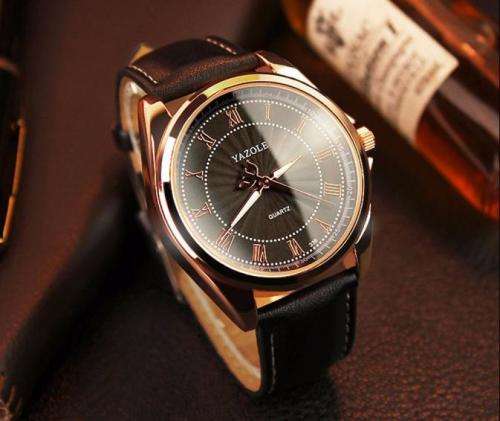 ***Men Mode  GOLD CASE Luxury  Quartz Wrist Watch Black Leather Band
