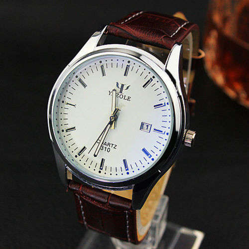 ***Men Mode  Stainless Steel Sports Quartz Wrist Watch Brown Leather Band