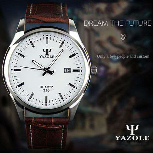 ***Men Mode  Stainless Steel Sports Quartz Wrist Watch Brown Leather Band