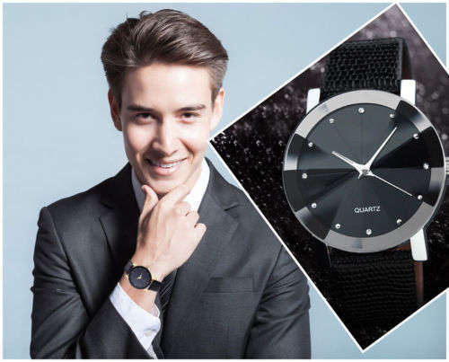 *LADIES/MEN LUXURY ANALOG DRESS WATCH* GLOSSY BLACK PU LEATHER STRAP*