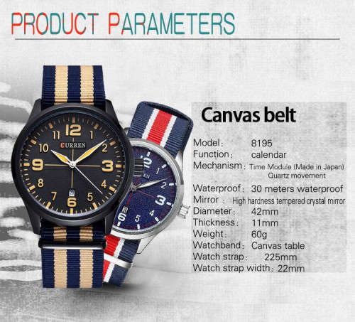 **CURREN **( Model: 8195 ) Modern Fashion comFortable unisex watch ***Canvas  band.