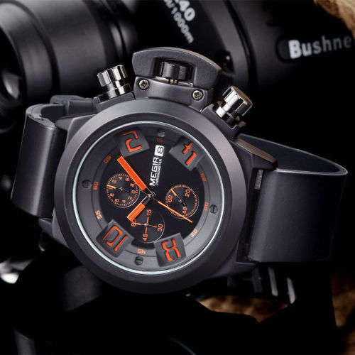 ***  Megir Brand Black Silicone Strap Military Watches ~6 Hands~ Date Chronograph