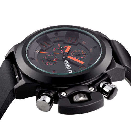 ***  Megir Brand Black Silicone Strap Military Watches ~6 Hands~ Date Chronograph