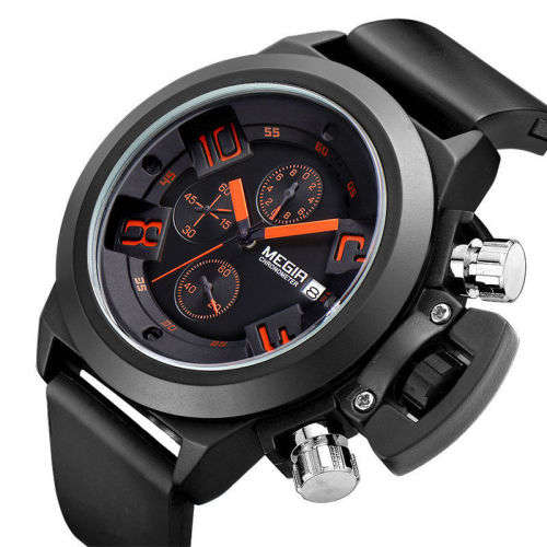 ***  Megir Brand Black Silicone Strap Military Watches ~6 Hands~ Date Chronograph