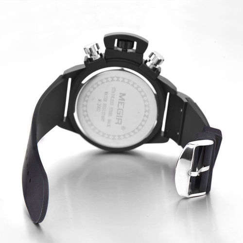 ***  Megir Brand Black Silicone Strap Military Watches ~6 Hands~ Date Chronograph