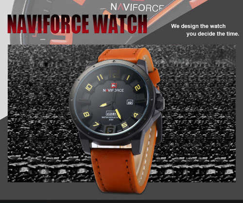 **Naviforce Brand** Big dial NF9061M Military Black Date Tan Leather Luxury Men Wrist Watch