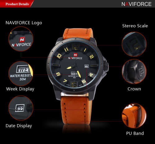 **Naviforce Brand** Big dial NF9061M Military Black Date Tan Leather Luxury Men Wrist Watch