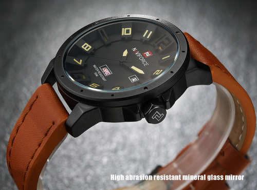 **Naviforce Brand** Big dial NF9061M Military Black Date Tan Leather Luxury Men Wrist Watch