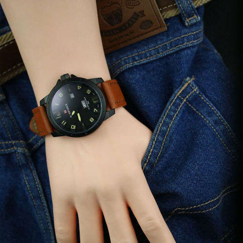 **Naviforce Brand** Big dial NF9061M Military Black Date Tan Leather Luxury Men Wrist Watch