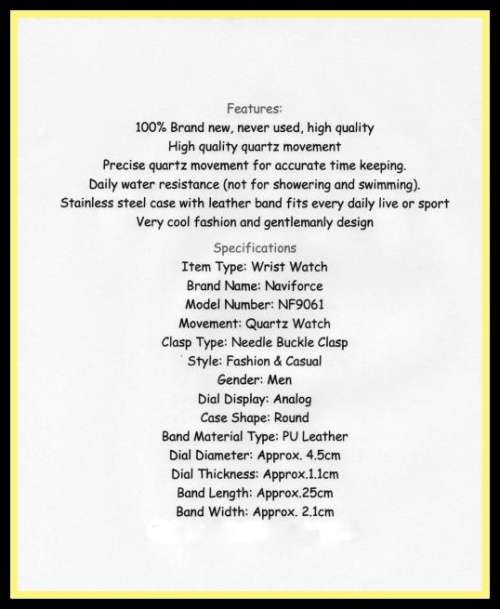 **Naviforce Brand** Big dial NF9061M Military Black Date Tan Leather Luxury Men Wrist Watch