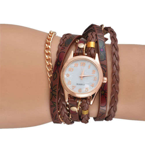 --*****WOMEN BROWN  WRAP LEATHER  BRACELET WRIST WATCH**