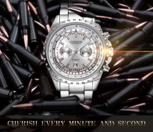 *** Curren 8053 HEAVY ALL STEEL MENS AUTO DATE SILVER QUALITY WATCH