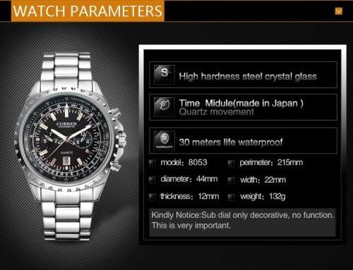 *** Curren 8053 HEAVY ALL STEEL MENS AUTO DATE SILVER QUALITY WATCH