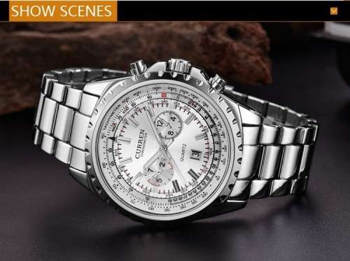 *** Curren 8053 HEAVY ALL STEEL MENS AUTO DATE SILVER QUALITY WATCH