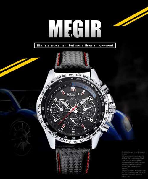 ***  Megir Brand~M1010~ Black *Analog* Dial Leather Strap Military Watches ~