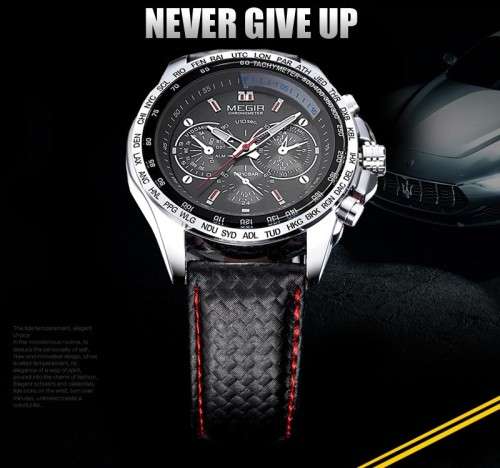 ***  Megir Brand~M1010~ Black *Analog* Dial Leather Strap Military Watches ~