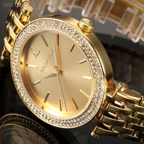 From UK** Magnificent* Taylor Cole Lady Gold Steel Band  Luxury Crystal  Women Watch*TOP Brand