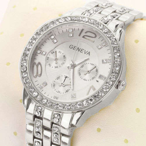 --********LADIES GENEVA FULL BLING SILVER DESIGNER STYLE  STAINLESS STEEL QUARTZ WATCH**