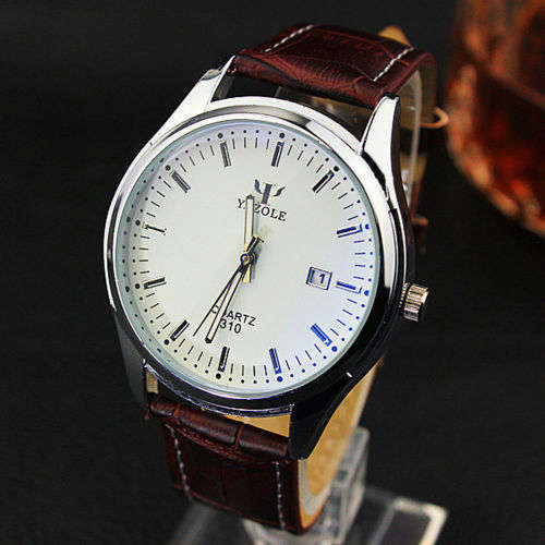 ***Men Mode  Stainless Steel Sports Quartz Wrist Watch Brown Leather Band