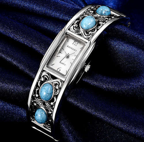 **Elegant Antiqued Charming Baosaili BSL957 Lovely Turquoise/Silver Quartz Bracelet Watch  *