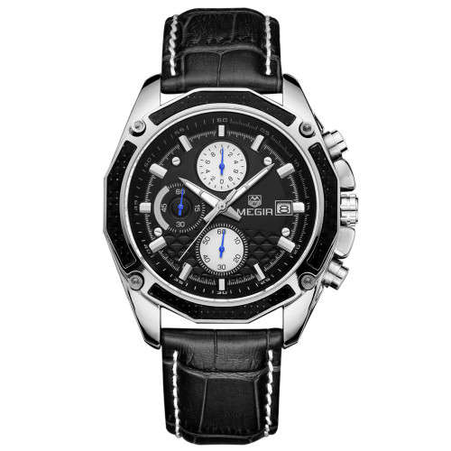 *** Megir Brand Top Watch** Genuine Leather Luxury Men Quartz Wristwatch CHRONOGRAPH * 6 HANDS *